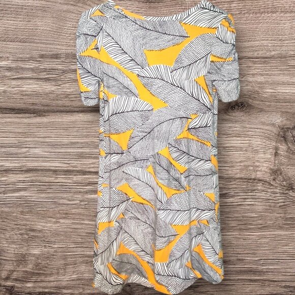 LOFT Womens Swing Short Sleeve Yellow & Black Leaf Print Dress Comfort Vacation - Picture 2 of 7